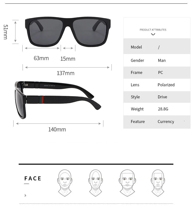 Classic square polarized sunglasses